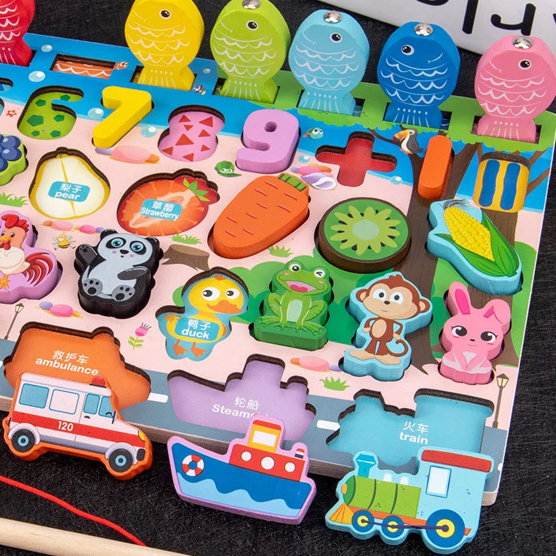 Montessori Wooden Math Toy – Busy Board with Counting, Shape, Color Matching, and Fishing Puzzle for Kids