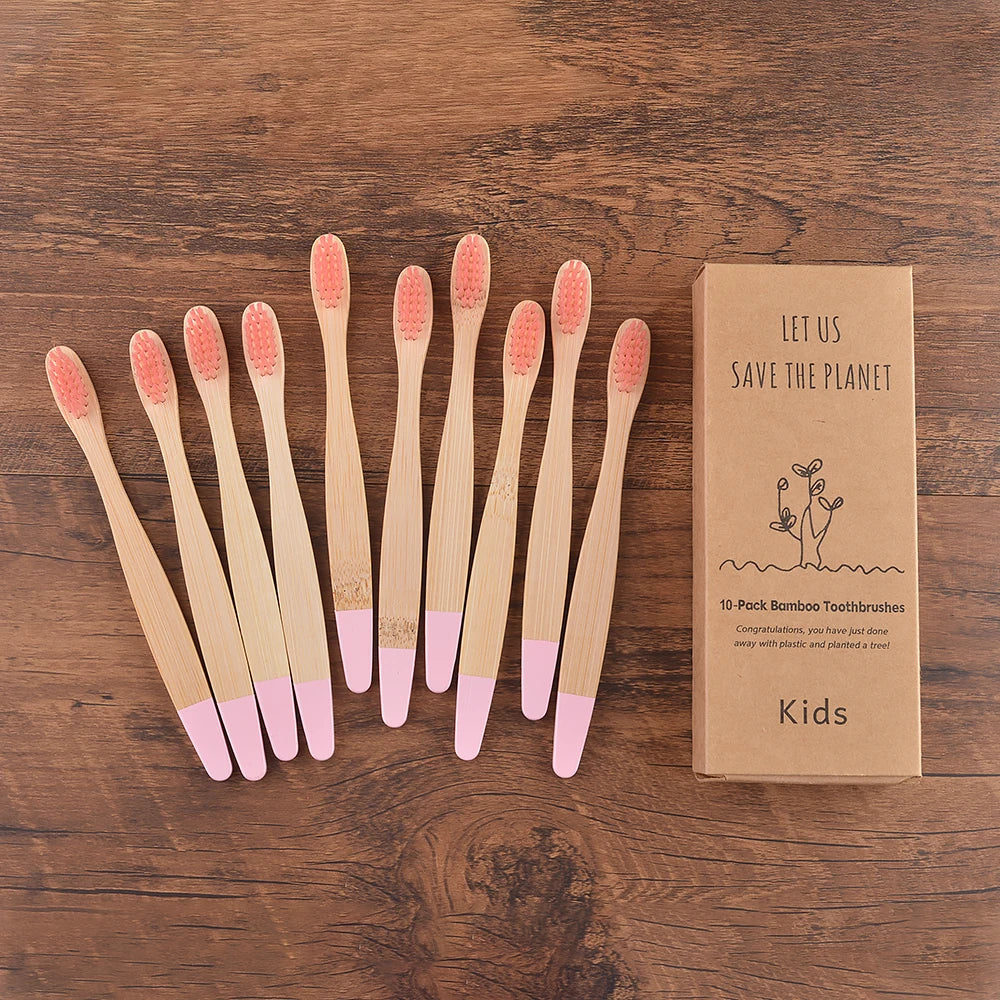 Children's Bamboo Toothbrushes, 10Pcs Soft Bristles, Eco-Friendly Biodegradable Wooden Handle, Teeth Whitening Brush