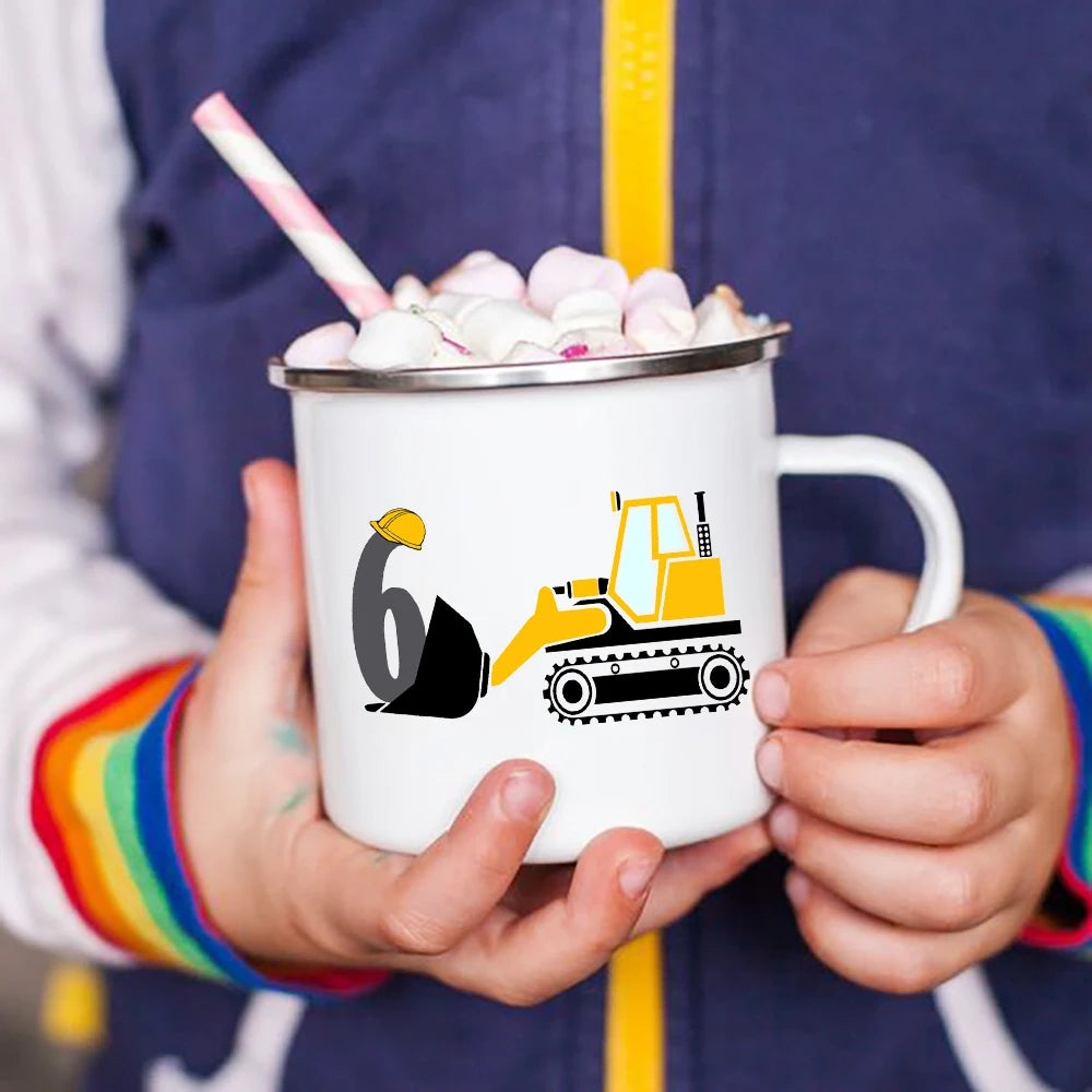 Cartoon Excavator Enamel Kids Mug for Ages 1-8 - 3.14in x 3.35in Breakfast & Cocoa Cup, Boys Birthday Gift