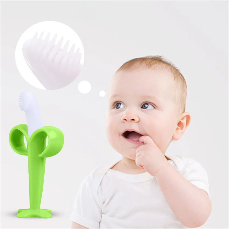 Baby Silicone Training Toothbrush - BPA Free Banana Shape Teether Chew Toy and Teething Ring for Infants