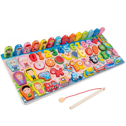 Montessori Wooden Math Toy – Busy Board with Counting, Shape, Color Matching, and Fishing Puzzle for Kids