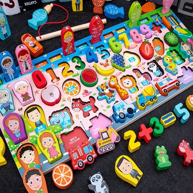 Montessori Wooden Math Toy – Busy Board with Counting, Shape, Color Matching, and Fishing Puzzle for Kids
