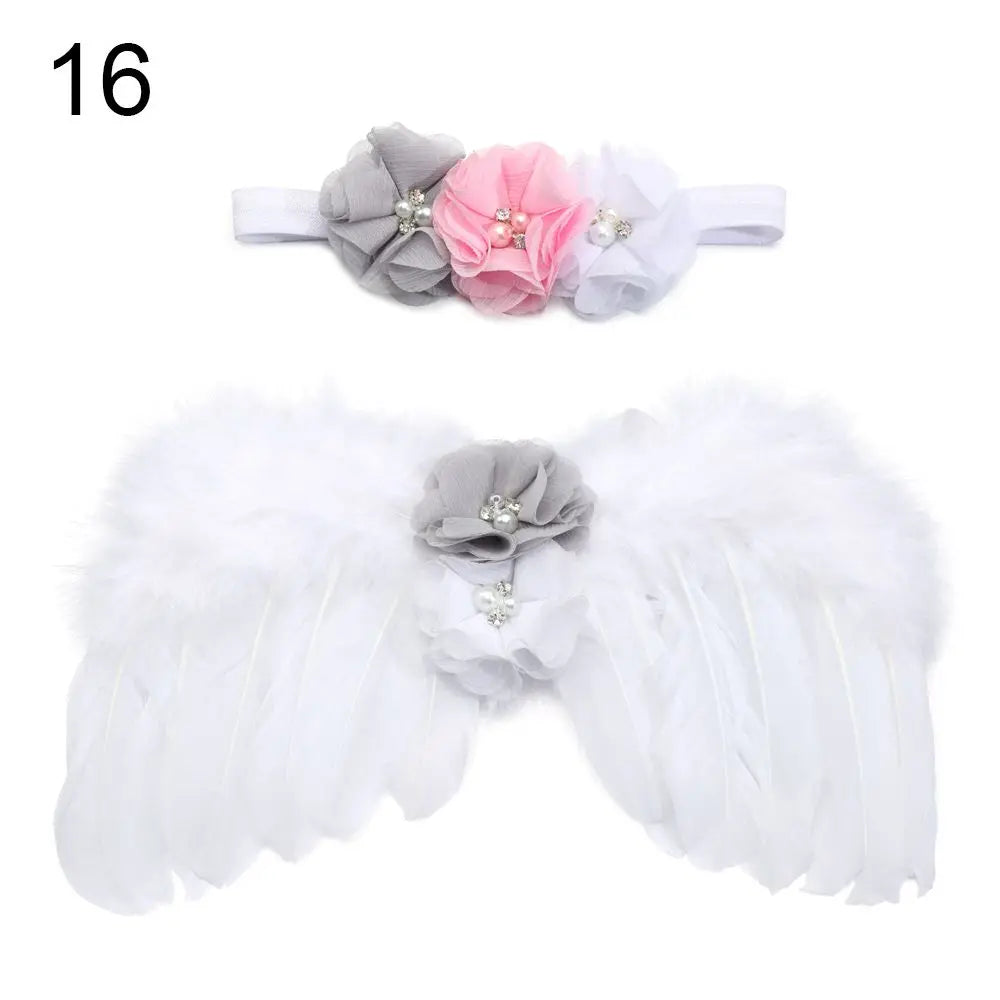 2pcs/Set Cute Newborn Angel Feather Wings & Baby Girl Rose Flower Headband Hair Accessories for Infant Photography Props