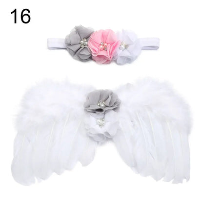 2pcs/Set Cute Newborn Angel Feather Wings & Baby Girl Rose Flower Headband Hair Accessories for Infant Photography Props
