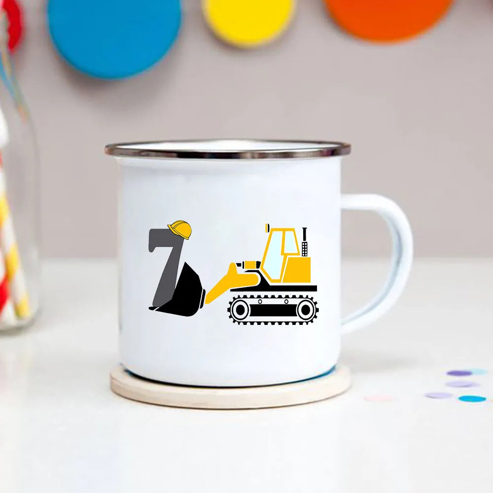 Cartoon Excavator Enamel Kids Mug for Ages 1-8 - 3.14in x 3.35in Breakfast & Cocoa Cup, Boys Birthday Gift