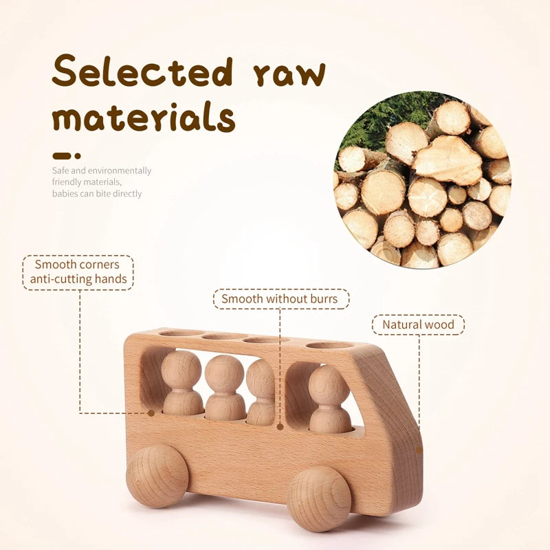 Wooden Car Toy – Beech Wood Bus Blocks, Montessori Educational Game for Children, Teething Baby Birthday Gift