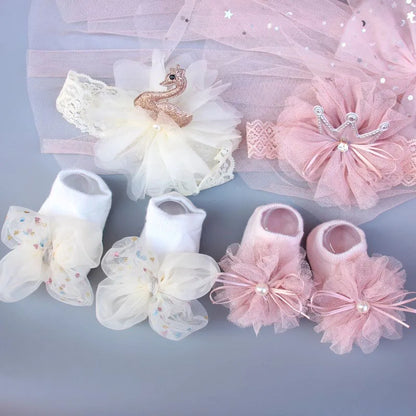 2 Pcs/Set Elastic Baby Headband Socks Set Lace Flower Newborn Girl Short Socks Bow Crown Infant Hairband