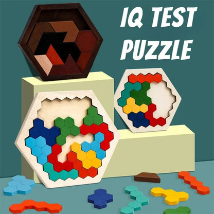 Hexagonal Wooden Puzzles, IQ Game Educational Toy for Children, Kids & Adults, Tangram Board IQ Brain Teaser, Montessori Gift Toy