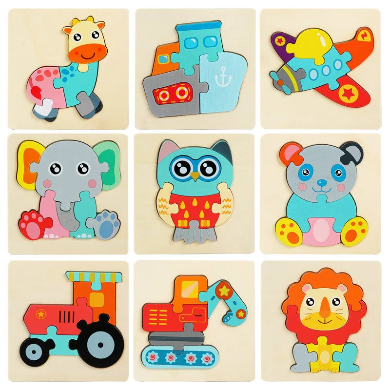 Kids Wooden 3D Puzzle, Cartoon Animals Cognitive Jigsaw, Early Learning Educational Toy for Children Gift