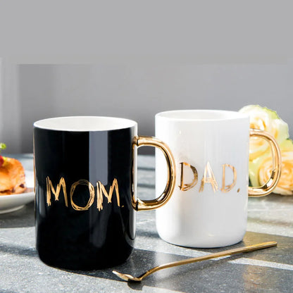 Mom & Dad Ceramic Coffee Mug with Lid & Spoon — 400ml (13.5 fl oz) | Gift Box, Black & White