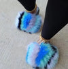 Women’s Fluffy Fox Fur Slides – Plush Furry Slippers with Anti-Slip Sole (Black, White, Red, Rainbow & Multi-Color Options)
