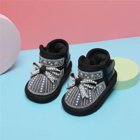 2024 Winter New Baby Snow Boots Butterfly-Knot Pearl Warm Plush Girls Princess Boots Soft Sole Ankle Toddler Kids Boots