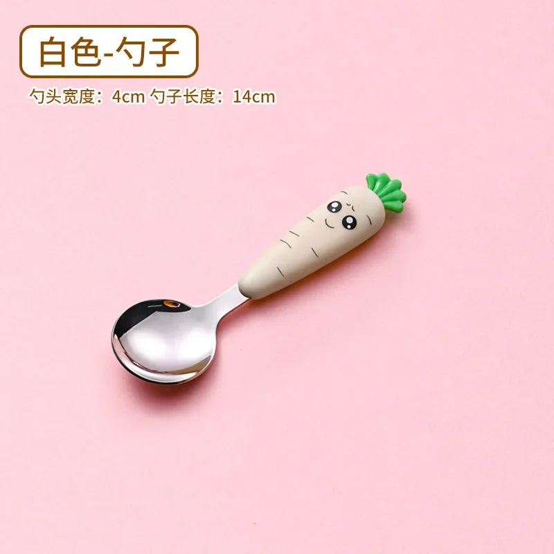 Cartoon Carrot Spoon & Fork Set for Babies - Cute Short Rice Spoon, Children's Tableware, Stainless Steel Feeding Utensils