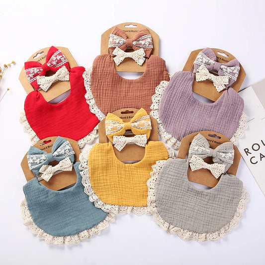 3-Piece Set – Solid Muslin Cotton Baby Bibs & Lace Headbands, Saliva Towel & Feeding Burp Cloths for Boys & Girls with Nylon Hair Bands - Kidzy Market