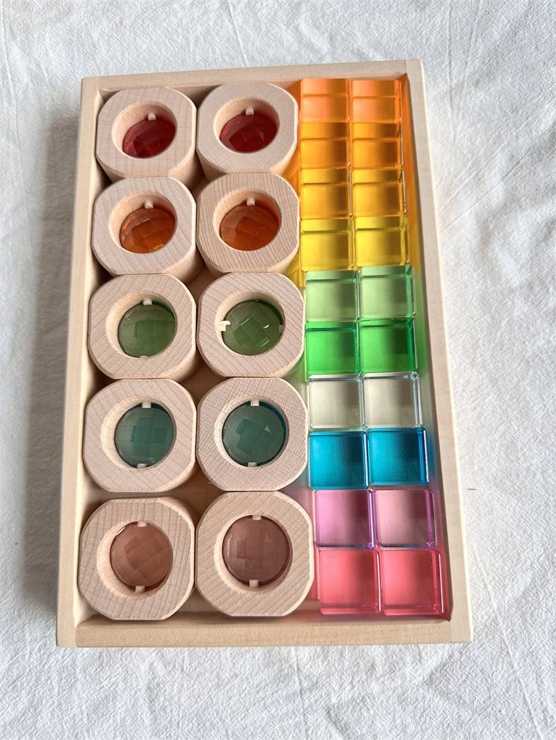 Wooden Montessori See-Through Blocks – Mixed Acrylic Gems Toy for Kids, Open Play Educational Toy