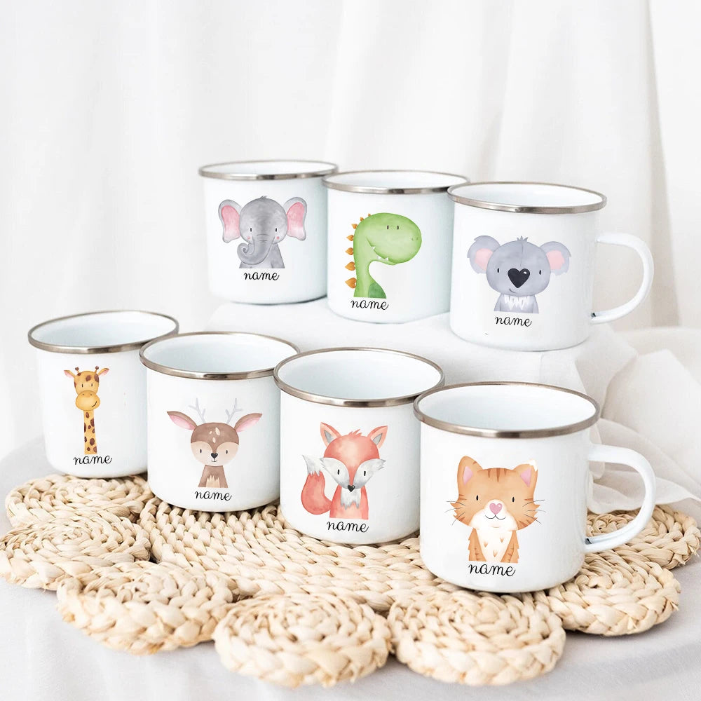 Personalized Kids Enamel Camping Mug — Forest Animals Children's Name Cup, Eco-Friendly Enamel Mug