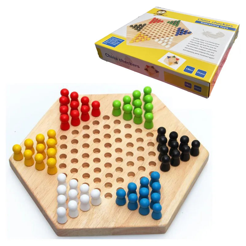 Hexagonal Checkers Parent-Child Puzzle Game Wooden Jumping Beads Educational Toy Board Game