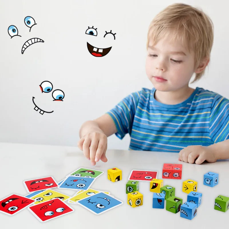 Cube Face Change Building Blocks – Wooden Expression Puzzle, Montessori Board Game for Kids, Gift Toy for Children