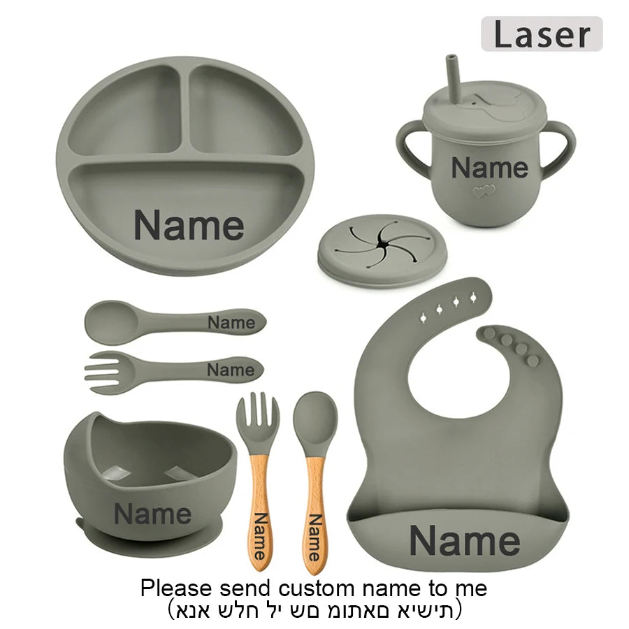 Personalized Cartoon Baby Plate – Silicone Tableware with Sucker Bowl, Food Tray, Sippy Cup, and Spoon – Baby Feeding Accessories