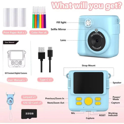 Portable Instant Print Kids Camera with 1080P HD Video, 3 Photo Paper Rolls, and 32GB Memory Card