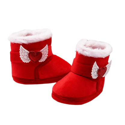 Suefunskry Newborn Baby Winter Snow Boots, Contrast Color Ankle Boots, Warm Plush Heart Wings Baby Walking Shoes for Toddlers (0-18M)
