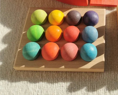 High-Quality Wooden Lime Wood Rainbow Arch Stacking Blocks – Color Sorting Peg Dolls, Balls, and Slats for Kids Play