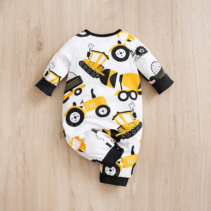 Baby Boy Cartoon Car Print Jumpsuit – Long Sleeve Round Collar Romper (Spring & Autumn, 0-24 Months)