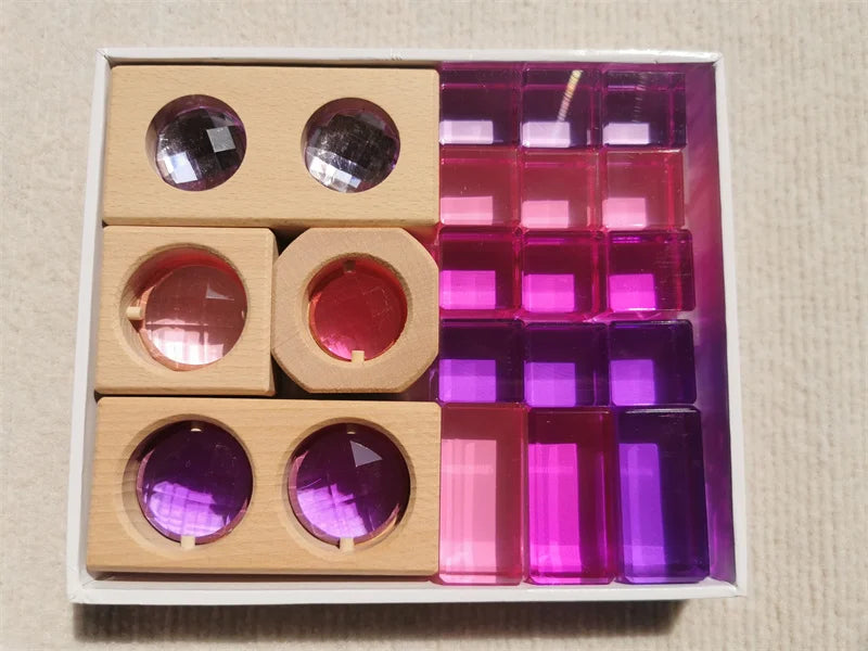 Wooden Montessori See-Through Blocks – Mixed Acrylic Gems Toy for Kids, Open Play Educational Toy