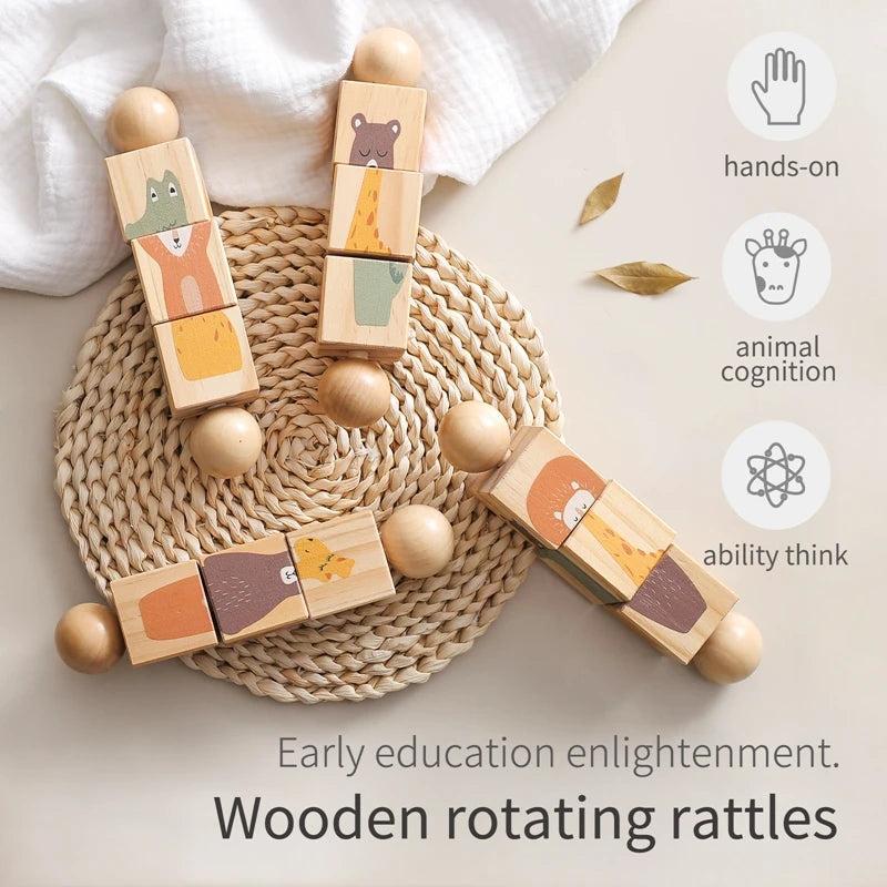 1PC Baby Wooden Montessori Toy – Cartoon Animal Crocodile & Bear Rotate Block Rattle, Food-Grade Wooden Teether Puzzle Game