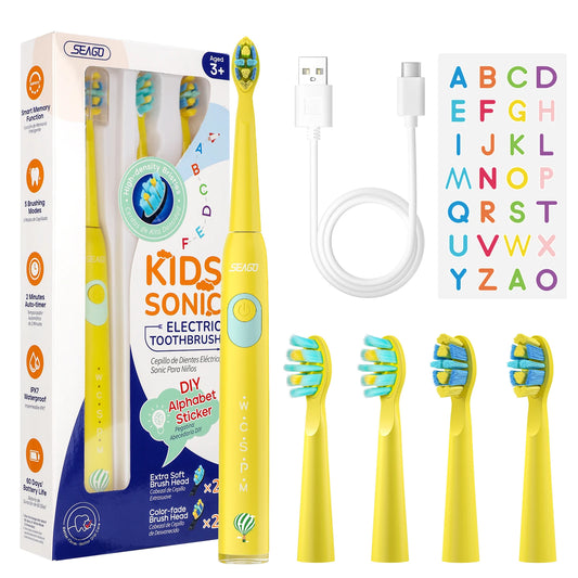 Seago Kids Electric Toothbrush for 6+ Years - 5 Modes Rechargeable IPX7 Waterproof Sonic Toothbrush with Replacement Head SG-2303