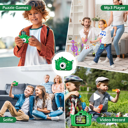 Kids Digital Camera with 32GB Card, 1080P HD Screen, Outdoor Cartoon Dinosaur Design, Photo and Video Toy, Birthday Gift