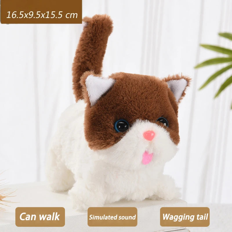 New Walking Kitty Plush Toy, Electric Interactive Meowing Cat with Wagging Tail and Nodding Head, Stuffed Animal Pet Toy Gift for Kids