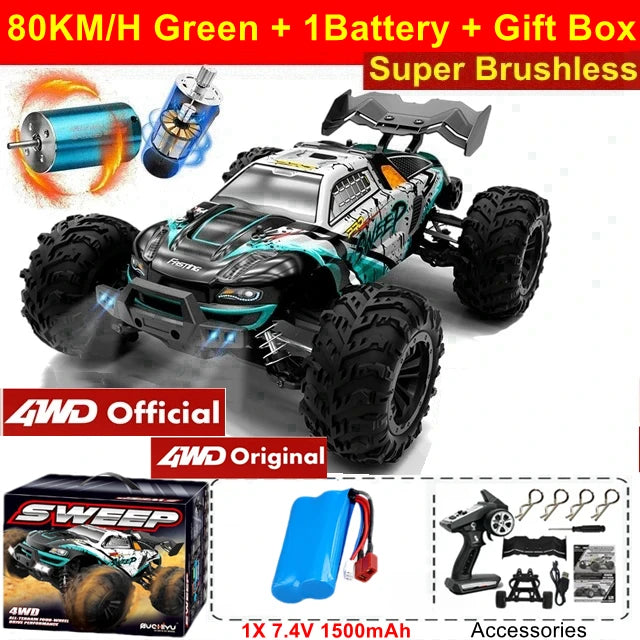 1:16 Brushless RC Drift Car with 80km/h Speed and LED Lights 4WD
