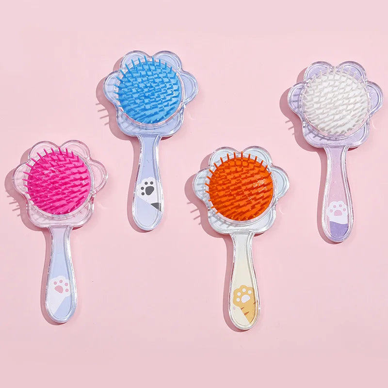 1 Piece Transparent Cartoon Kids Hair Brush – Glitter Cat Paw Massage Cushion Comb for Girls, Children's Hair Care Tool