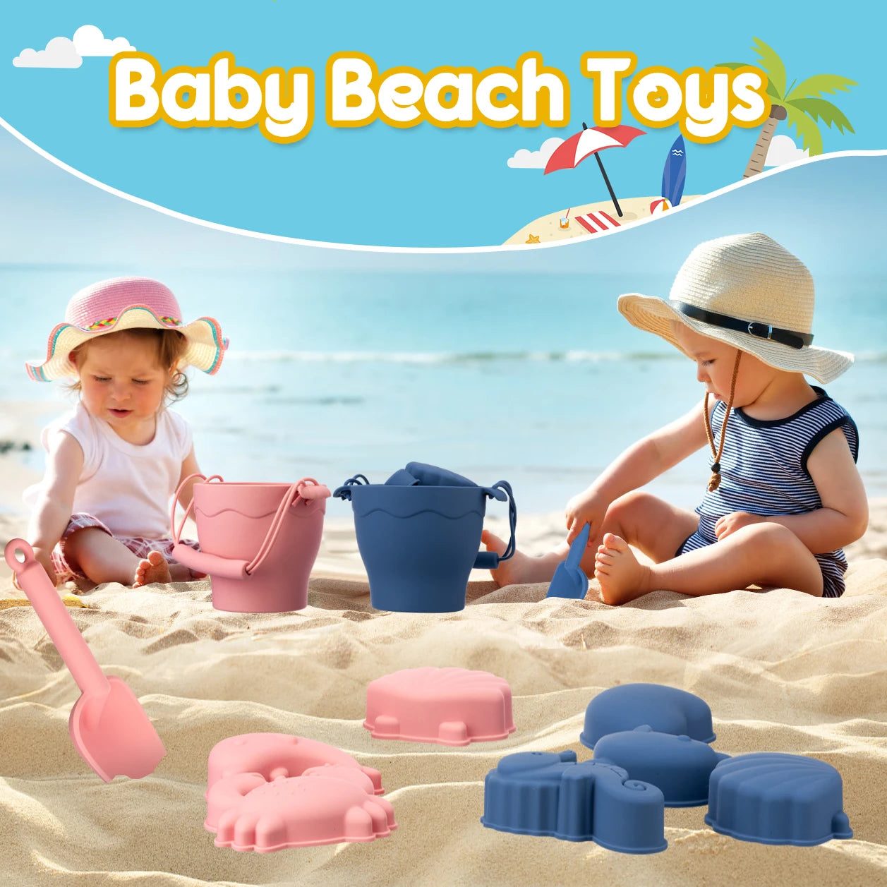 TYRY.HU 8Pcs Children’s Silicone Beach Toy Set With Bucket & Six Accessories — Outdoor Sand Play