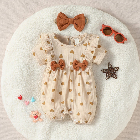 Baby Girl Summer Jumpsuit – Short Sleeve Heart Print Romper with Bow & Headband (Newborn-9M, 2024 Streetwear)