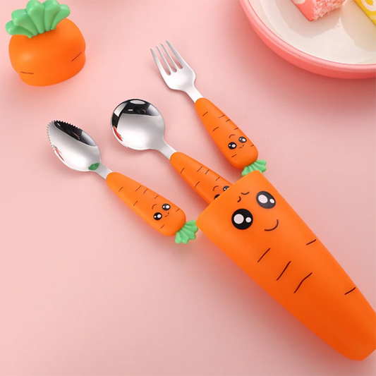4PCS Baby Feeding Utensils Set - Cartoon Carrot Fork & Spoon, Kids Cutlery, Children’s Eat Tableware with Storage Box