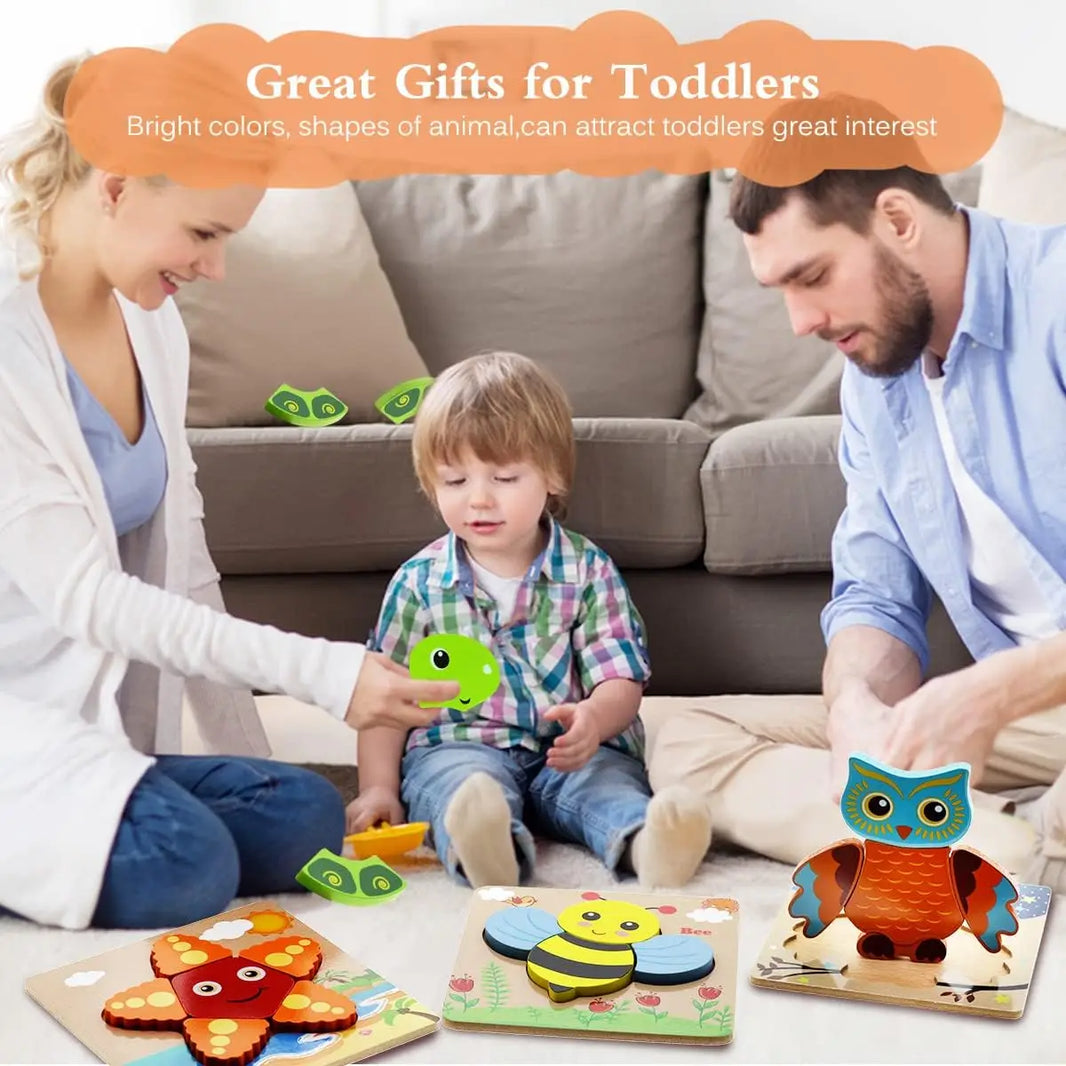 3D Puzzle Cartoon Animals – Montessori Wooden Block Toy, Educational Learning Game for Babies, Colorful Cognitive Intelligence Gift