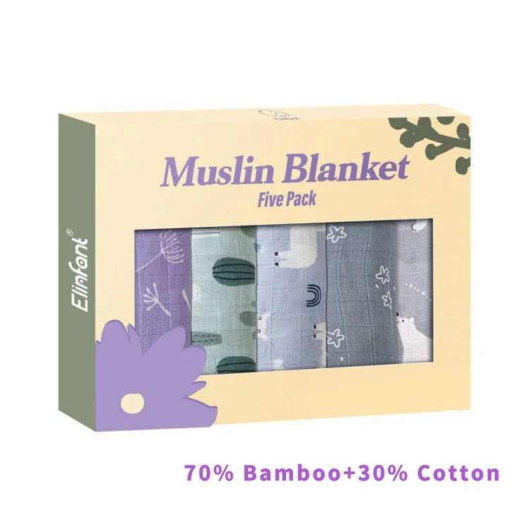 Elinfant 5-Piece Gift Set – Bamboo Cotton Muslin Bibs & Burp Cloths, 100% Cotton, 60x60cm, 2 Layers Baby Scarf & Handkerchief - Kidzy Market