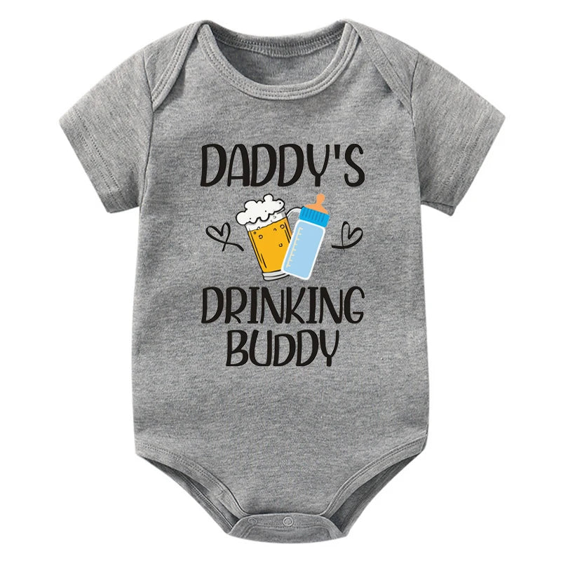 Funny "Daddy's Drinking Buddy" Newborn Baby Romper – Short Sleeve Cotton Bodysuit, Casual Summer Outfit, Perfect for Father's Day Gifts