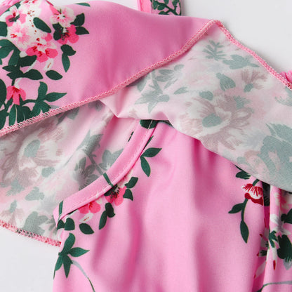 Girls' Summer Floral Jumpsuit – Ruffled Camisole Romper with Lace-Up Detail (Resort Style, 1-5 Years)