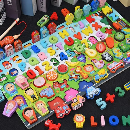 Montessori Wooden Math Toy – Busy Board with Counting, Shape, Color Matching, and Fishing Puzzle for Kids