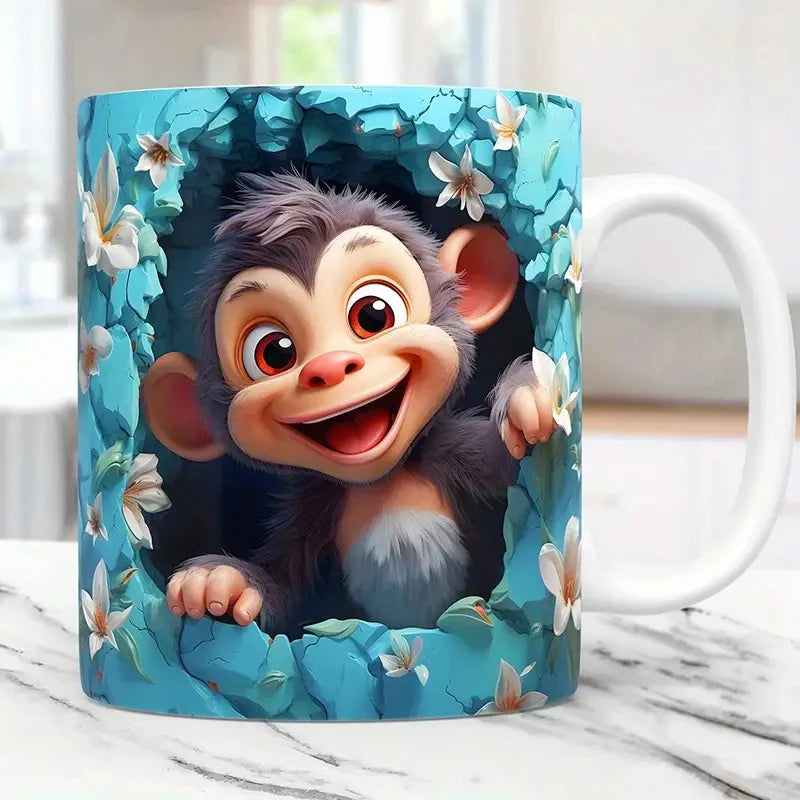 3D Animal Wrap Coffee Mug - 11 oz (350 ml) Sublimation Ceramic Kids Mug (Cat, Dog, Bear)