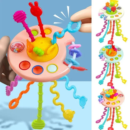 Cartoon Duck Astronaut Pull String Toy – Montessori Activity for Development, Silicone Teething and Sensory Grip Training Educational Toy