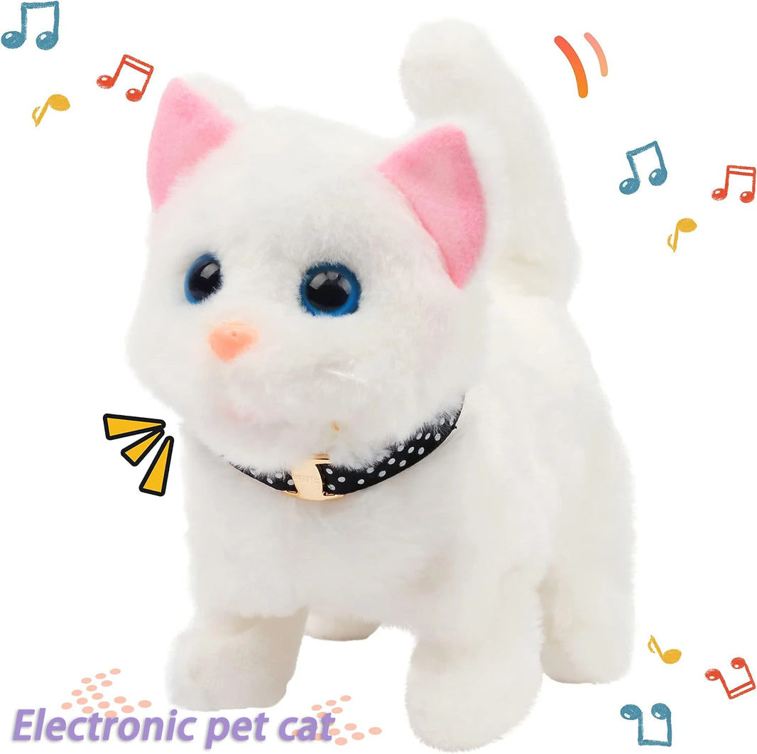 New Walking Kitty Plush Toy, Electric Interactive Meowing Cat with Wagging Tail and Nodding Head, Stuffed Animal Pet Toy Gift for Kids