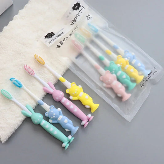 Kids Baby Soft-Bristled Toothbrush - Bamboo Charcoal Short Handle with Cute Rabbit Bear Design, 4Pcs/Set
