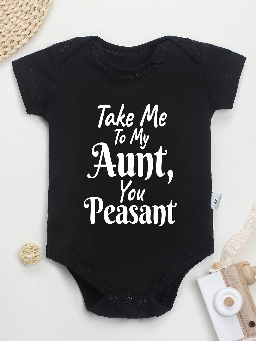 Newborn “Take Me To My Aunt You Peasant” Printing Bodysuit – Cute Infant Jumpsuit with Short Sleeves – Fashion Toddler Rompers for Baby Boy & Girl