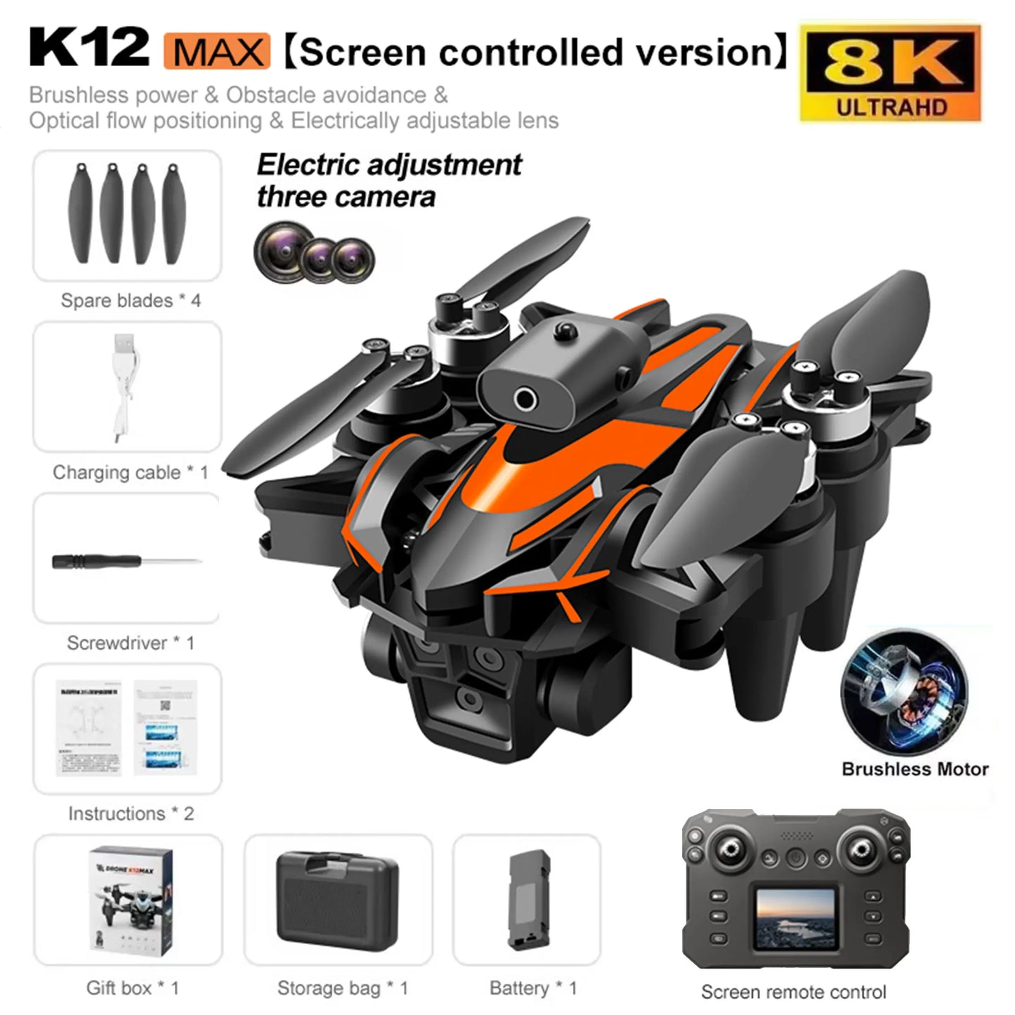 K12 Max RC Drone – 8K HD Camera Foldable Quadcopter with Brushless Motor and Obstacle Avoidance