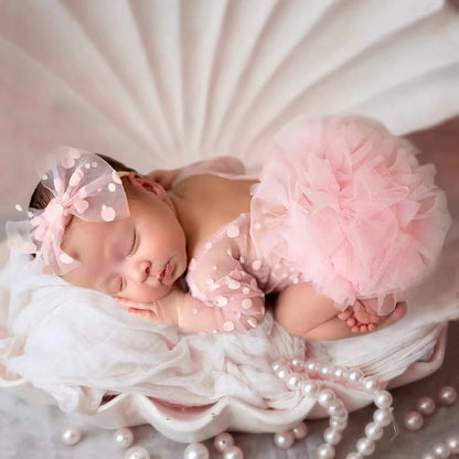 Ylsteed Pink Polka Dot Newborn Photography Romper with Bow Headband – Baby Girl Photoshoot Outfits for 1 Month Infant Picture Props