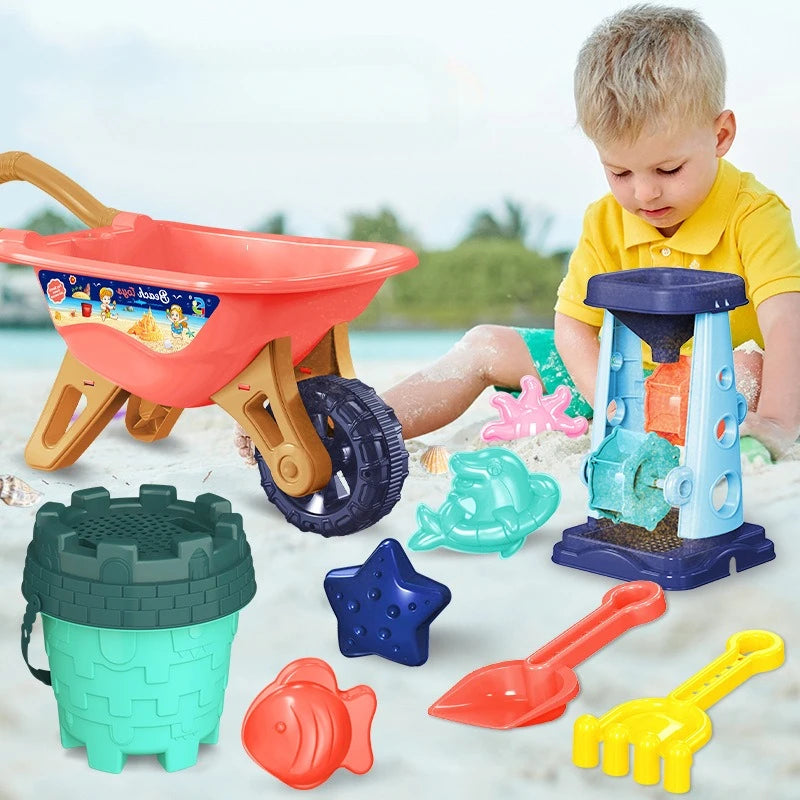 Children’s Beach Sand Play Tool Set With Bucket, Sieve, Funnel, Shovel, Wagon & Watering Can — Outdoor Toy Kit